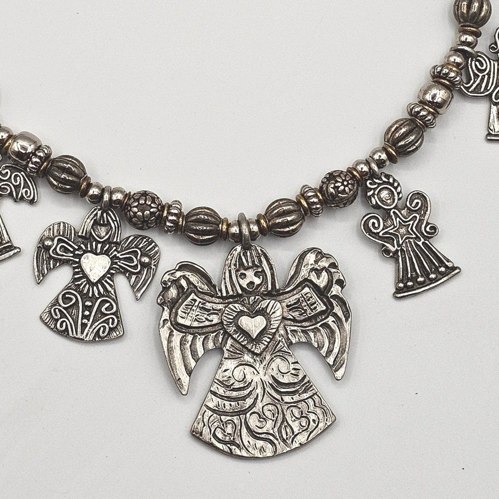 Marcie Pewter‎ Angel Charm Necklace Signed Pendants USA Vintage Religious Faith